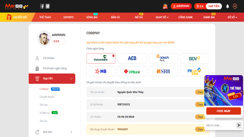 Cách nạp tiền nhà cái May88