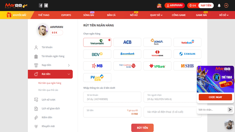 Cách rút tiền nhà cái May88