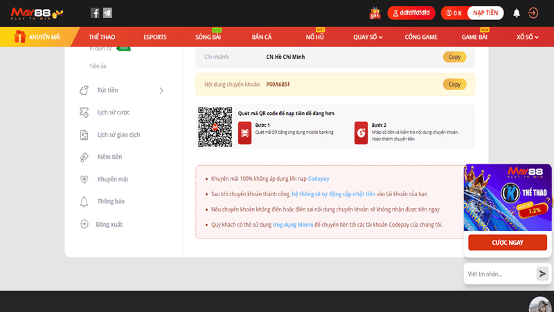 Lưu ý khi nạp rút tiền May88